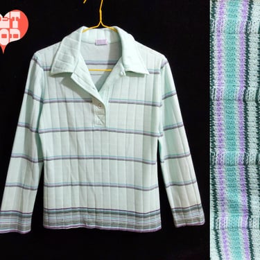 Comfy Vintage 70s 80s Light Minty Green & Purple Black Stripe Collared Long Sleeve Polo Shirt 