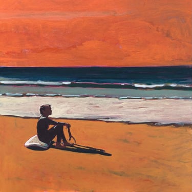 Surfer - Original Acrylic Painting on Canvas 20 x 20, michael van, orange, sunset, surf, surfers, ocean, waves, sand, beach, figurative 