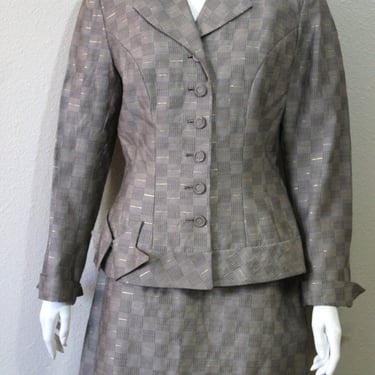 1940s Suit Betty Rose Suit Silk Checkered Fitted Suit 2 PC Jacket & wiggle Skirt Victory // Modern Size 6 8 Small Medium 