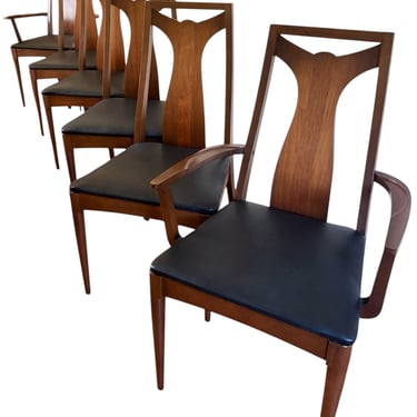 Set of 6 Broyhill Brasilia Dining Chairs – Sculpted Walnut, New Genuine Leather Seats, Mid Century Modern. 