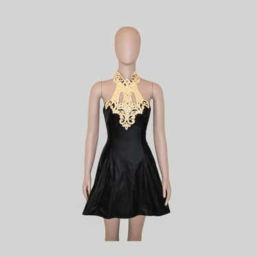 Vintage Jessica McClintock and Gunne Sax Black Gold Lace Halter Dress Small Formal Evening Dress Short Mini Dress Holiday Velvet Lace Dress 
