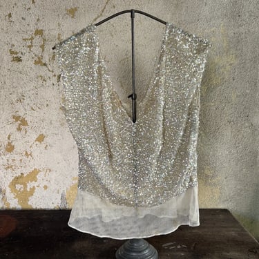 Vintage 1930s Icy Sequin White Net Blouse Art Deco Fairy Shirt Dress Top Snow