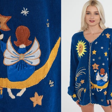 Angel Cardigan Y2K Celestial Button up Knit Sweater Sun Stars Moon Print Cosmic Embroidered Grandma Blue Cotton Ramie Vintage 00s Large L 