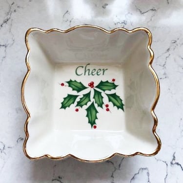 Beautiful Vintage Lenox Holiday Cheer Bone China Bon Bon Dish with 24k Gold, Vintage Christmas China Candy Dish - Green Holly & Red Berries by LeChalet