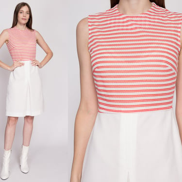 S| 60s Red & White Mod Mini Dress - Small | Vintage Knit Two Tone Retro Knee Length Sleeveless Dress 