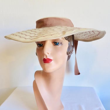 1930's 40's Ecru Linen Wide Brim Sun Hat Brown Ribbon Decorative Stitching Art Deco Era Gatsby Flapper Style 30's Spring Summer Millinery 