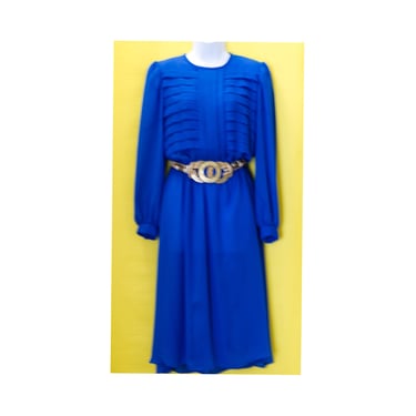 Vintage 1980s Royal Blue Pleated Blouse Dress | Large | 7 