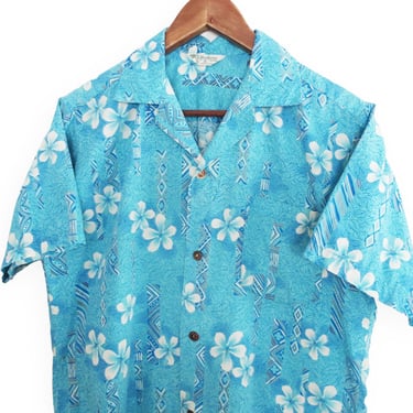 vintage Hawaiian shirt / aloha shirt / 1960s blue Hawaiian aloha tiki print floral cotton short sleeve shirt Small 