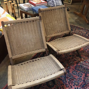 Hans Wegner Style Woven Rope Folding Chairs - Set of 2 