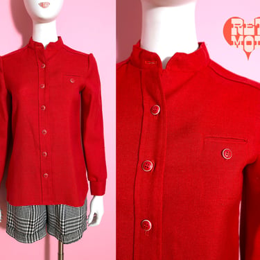 Chic Vintage 60s 70s Red Linen Long Sleeve Top 