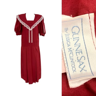 Vtg Vintage 1980s 80s 1930s 30s Gunne Sax Merlot Crimson Drop Waist Day Dress 