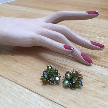 Subtle Sparkles - Vintage 1950s 1960s Vendome Olive Fern Green Cut Crystal Glass Clip Earrings 