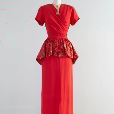Glamorous Old Hollywood 1940's Candy Apple Red Beaded Rayon Crepe Evening Gown / S