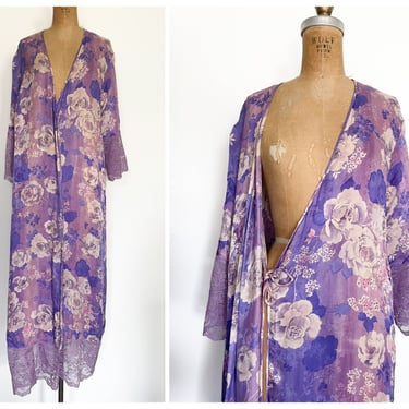 Vintage August Silk intimates purple floral dressing gown | 100% silk robe, lilac & lavender ombre, summer rose print 