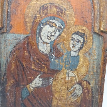 Antique 1800's Mary and the Christ Child Icon Retablo, Vintage Madonna, Mother of Jesus, Our Lady of Refuge Painting on Wood 
