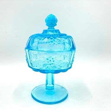 Westmoreland Blue Glass Compote, Candy Dish, Lidded Pedestal, Ice Aqua Blue, Grape Grapes, Vintage Glassware 