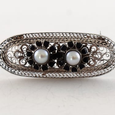 40's sterling filigree black enamel white pearl Gothic bar brooch, edgy oval 925 silver floral pin 