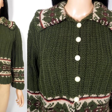Vintage 60s/70s Olive Green Handknit Shawl Collar Cardigan Size M 