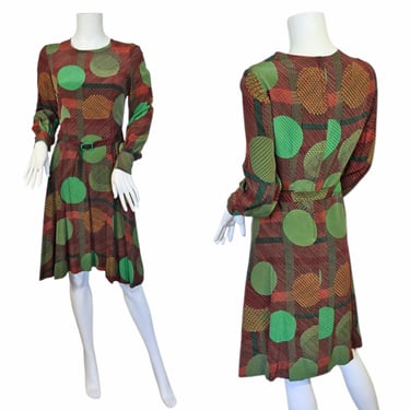 1970s does 40s Brown Green Silk Polka Dot Long Sleeve Belted Dress I Sz Med 