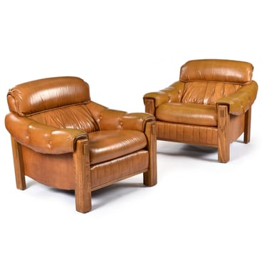 Pair of Vintage 1970s Overstuffed Butterscotch Brown and Oak Tufted Club Chairs 