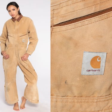 Tan Carhartt Coveralls 90s Insulated Jumpsuit Distressed Overalls Pants Work Wear Retro Workwear Long Sleeve Punk Vintage 1990s Mens Small S 