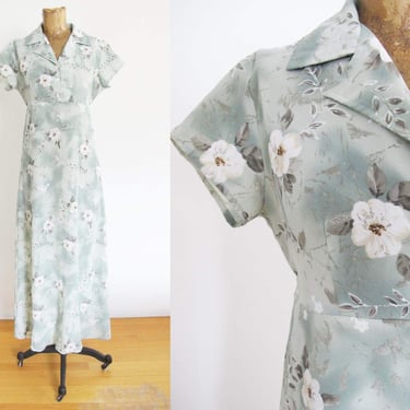 Vintage 90s 2000s Floral Empire Waist Dress S M - Grunge Mint Gray Collared Short Sleeve Maxi Dress 