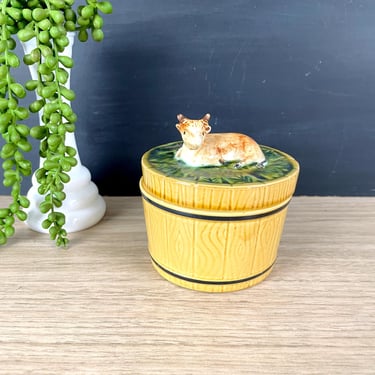 German cow on barrel ceramic butter crock - vintage kitchen ceramic 