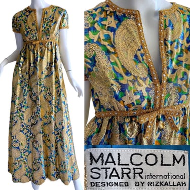 1970s Malcolm Starr Metallic Rhinestone Dress, Rizkallah Gold Lame Empire Evening Gown 