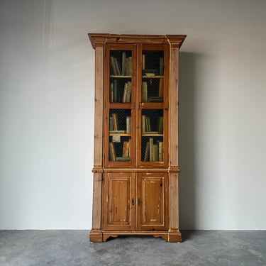 Vintage Rustic Hand Carved Pine Wood  Armoire with Faux Books Façade 