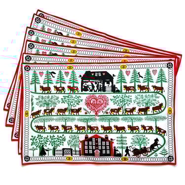Vintage 1950s Folk Linen Placemats Dessin Depose MCM Red Country Table Linens 