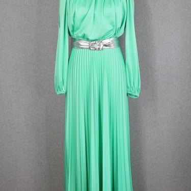 1970s - Mint Green Maxi Dress - Peekaboo Sleeve - Disco Dress - Accordion Skirt - Retro 