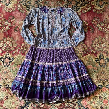 Vintage 1970s KAISER floral block print bohemian dress | Pakistani hand blocked cotton hippie dress, S/M 