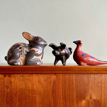 Collection of vintage Mexican folk art pottery / Tonala rabbit and bird, plus a Chilean chanchito pig / boho handmade figurines 
