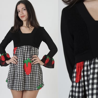 Young Edwardian Strawberry Print Dress, Vintage 70s Black White Gingham Material, High Waisted Micro Mini Frock 