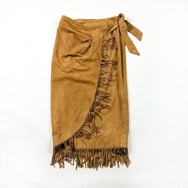 1990s Vakko Leather Fringe Midi Wrap Skirt / Pencil Skirt / High Waist / Cowgirl / Suede / Large / Light Brown / L / 32 Waist / 