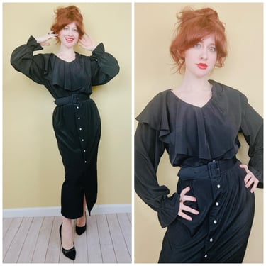 1990s Vintage Melissa Collection Black Ruffled Wiggle Dress / 90s Rayon Poet Sleeve Button Front Belted Dress / Medium 