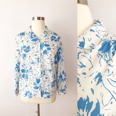 SIZE 1X Vintage 80s Floral Long Sleeve Secretary Blouse - Large Blue Floral Career Button Down Shirt - Plus Size Vintage Top 