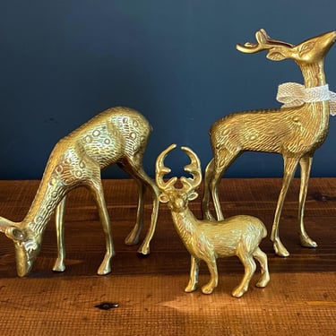 Vintage Brass Deer Family Set of 3 Figurines - Woodland Holiday Decor for Mantle and Tabletop Display. 