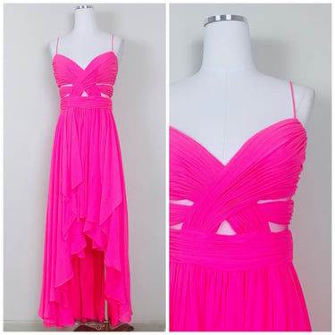 1990s Vintage Cache Hot Pink High Low Poly Chiffon Dress / 90s Mesh Illusion Cut Out Gathered Party Gown / Medium 