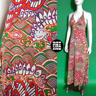 Sexy Vintage 70s Orange Green Abstract Psychedelic Patterned Slinky Halter Maxi Dress 