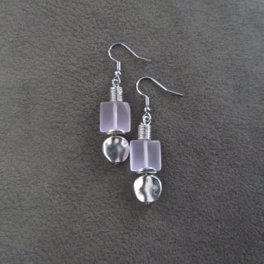 Silver and pink frosted glass earrings 