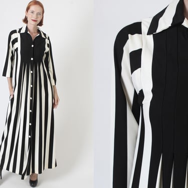 Black And White Striped Lounge Dress, Vintage Long Pinstripe House Maxi, 70s Minimalist Pleated Nightgown 