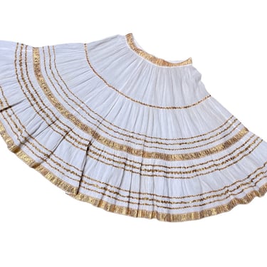 Vintage 1950s Southwestern Patio Skirt, White Cotton Crepe Circle Skirt with Gold Metallic Trim, Rockabilly Style, Small, VFG 