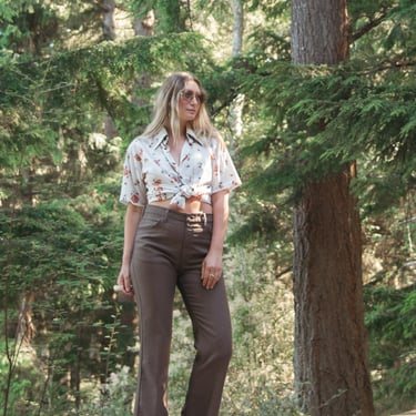 Vintage 70's Shirt Van Heusen Short Sleeve Rust Floral Polka Dot Shirt, Button Up Collared Disco Shirt, Men's Large 