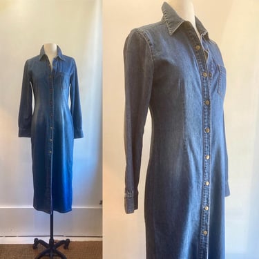 Vintage 90s DENIM Maxi Dress / SNAP Front Denim Duster / Minimalist Shirt Dress / XS 