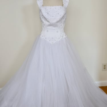 1990's Basque Waist Embroidered Corset Tulle Gown