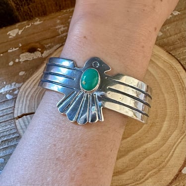 GREEN THUNDERBIRD Sterling Silver & Turquoise Large Cuff | Navajo Native American Bird Bracelet | Southwestern Jewelry | Fred Harvey Style 