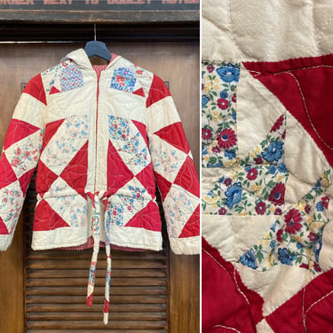 Vintage 1960’s Antique Quilt Patchwork Hooded Jacket, 60’s Patchwork, Vintage Hoodie, Vintage Clothing 