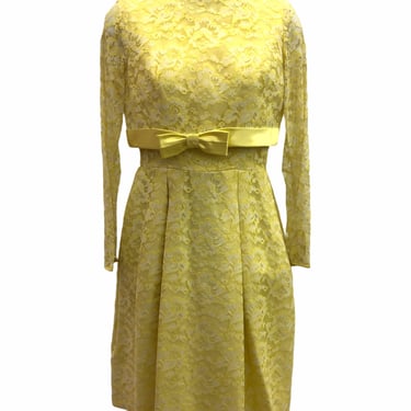 Vintage VTG 1960s 60s Lace Yellow Long Sleeve Wiggle Cocktail Dress 