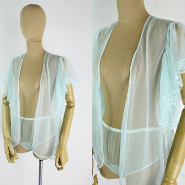 70s Seafoam Frederick's of Hollywood Two piece Set /60s Sheer Mint Green Camisole and Panty / Sheer Lace Babydoll / Size XS/S 